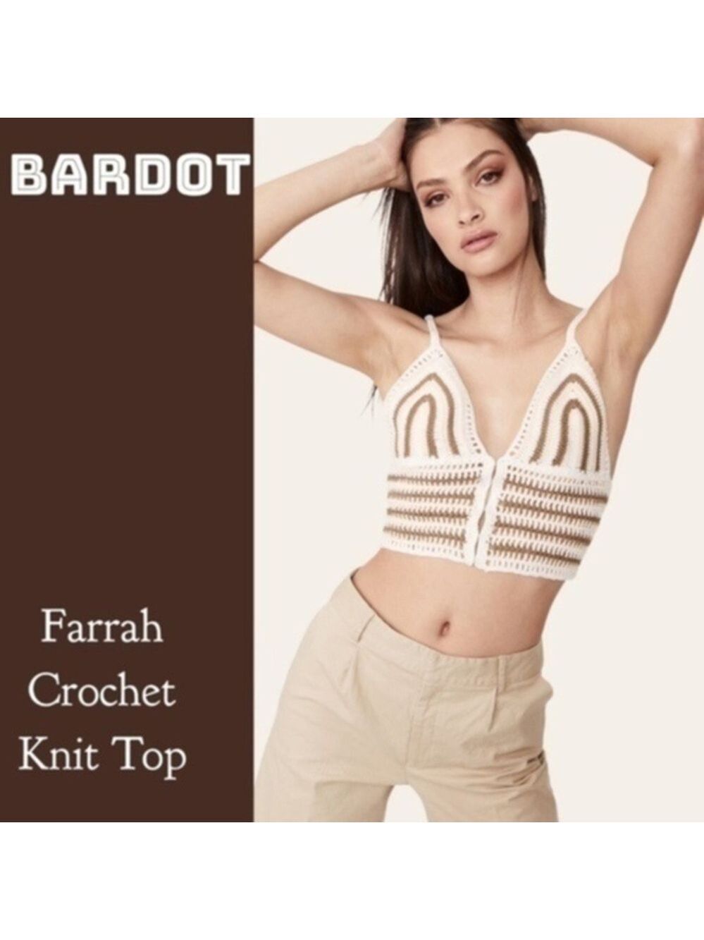 BARDOT Farrah Crochet Knit Deep V-Neck Striped Crop Top NWT